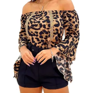 Manga Flare Blusa Ciganinha Feminina - Preto flor amarela