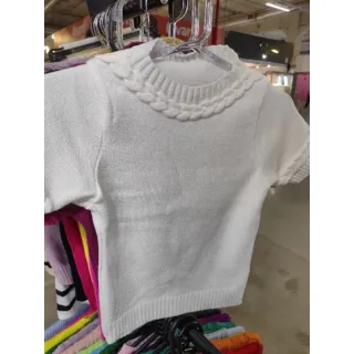 Tricot manga curta moda verao, blusa cropped veste 34-40 com gola e manga trancada - Amarelo Lima