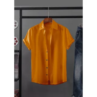 Camisa Masculina Curta de Linho com Botões Moda Praia Manga Curta - CURTA-BEGE-COLARINHO