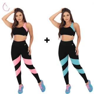 Conjunto Fitness Feminino Tarelles - T0528 e T0529 - Preto - Azul + Bordô