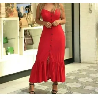 Vestido feminino longo com botões e babado, estilo blogueira - Azul