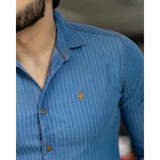 Pronta entrega: Camisa jeans masculina manga longa Slim fit de alta qualidade - Camisa algodão chambre cinza