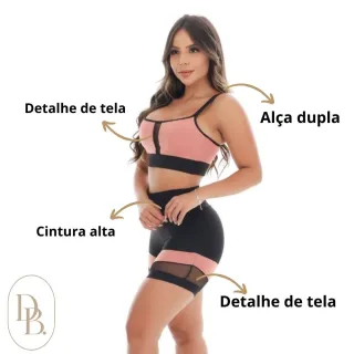 Conjunto Fitness Bermuda Shorts e Legging Feminina Top - Preto/ Rosê