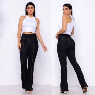 Calça Feminina Cintura Alta Flare Jeans Boca de Sino Fake - Preto