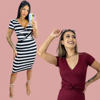 Transpassado na cintura, vestido mídi manga curta - Pink