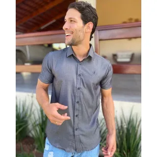 Pronta entrega! Camisa masculina manga curta slim fit jeans com elastano - jeans escura luxo.