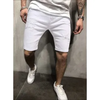 Rasgado 100% Algodão Bermuda Jeans Sarja Masculino - SKY rasgado#2