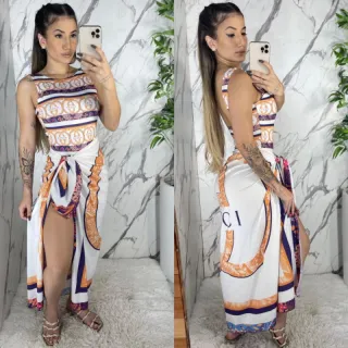 Moda praia feminina: Conjunto bori com saída canga e bojo - Coqueiro alça fina