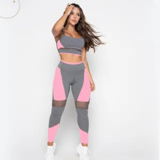 Roupa Fitness Conjunto Top e Calça Legging Feminina - CINZA/ROSA