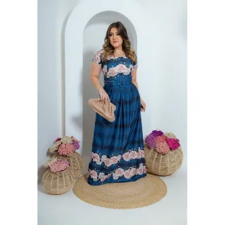 Cinto Acompanha Vestido Longo Estampado - Azul