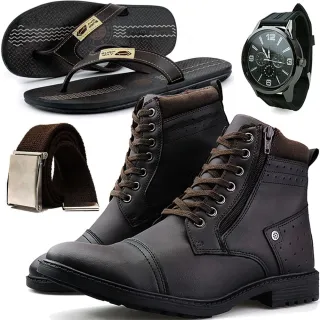 Cinto + Relógio + Chinelo + Bota Casual Masculina com Zíper - Dhshoes