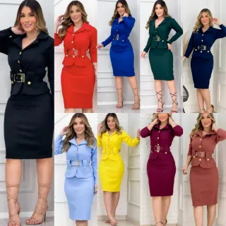 Moda Evangélica Conjunto Blazer e Saia Social Luxo com Cinto (REF 77) - Creme (veste 38/42) REF77