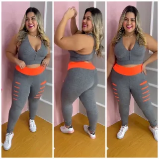 Moda fitness plus size: Conjunto legging detonado - Top leggin mais aeróbica - Preto com Verde