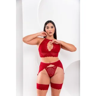 Conjunto de Lingerie Gringa: Calcinha, Sutiã Cropped e Cinta Liga - Vermelho