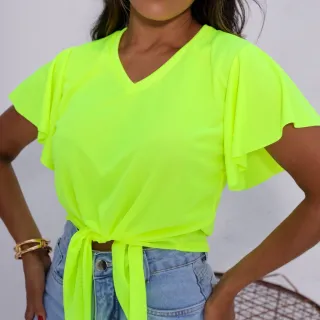 Blusa Manga Curta Neon Verão 2023 - Flare de Amarrar - Cores Variadas - Verde