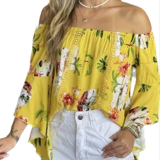 Manga Flare Blusa Ciganinha Feminina - Preto flor amarela