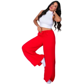 Moda Feminina: Calça Pantalona Duna Cintura Alta com Fendas e Cordão - PANT Duna Verde Premium