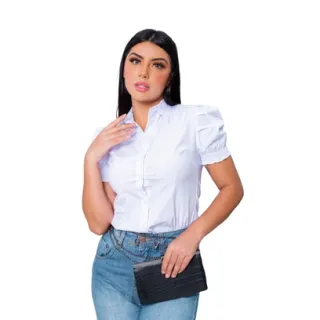 Camisa Social Feminina Branca Manga Curta - Liso - Azul Bebê