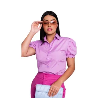 Camisa Social Feminina Branca Manga Curta - Liso - Azul Bebê