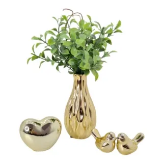 Kit decoração coração vaso planta casal de pássaros dourado prata - Dourado
