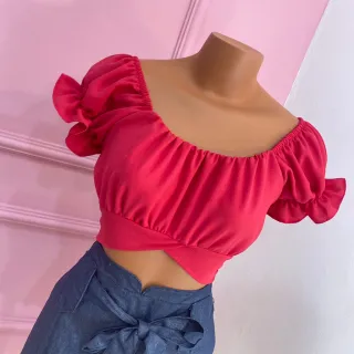 Moda 2023: Cropped Gringa com manga amarração nas costas - Rosa Vivo