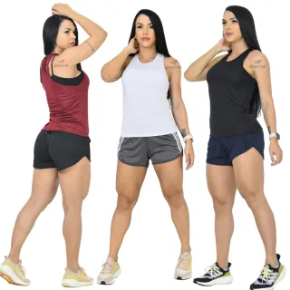 Conjunto feminino Fitness Dri-Fit Regata e Short - Garra Sport - CINZA - BRANCO
