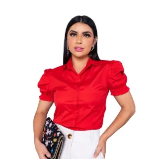 Camisa Social Feminina Branca Manga Curta - Liso - Azul Bebê