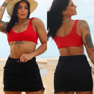 Cos alto saia jeans rasgadinha cintura alta - Ziper Clara