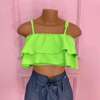 Moda Feminina 2023: Cropped com Camadas de Babados, Alça Gringa - Verde Militar (Air Flow)