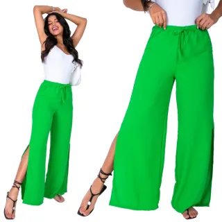 Moda Feminina: Calça Pantalona Duna Cintura Alta com Fendas e Cordão - PANT Duna Verde Premium