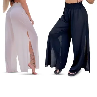 Moda Verão Feminina Calça Pantalona Luna com Fenda Lateral