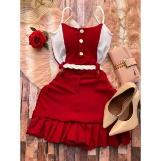 Princesa Macaquinho com Bojo e Elastano - Short Saia - Vermelho