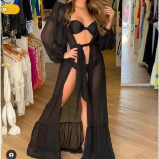 Vestido Luxo Manga Longa Estilo Saida De Praia - Preto