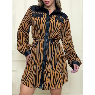 Vestido Feminino Manga Longa Animal Print Zebra com Cinto - Chamise - Marrom