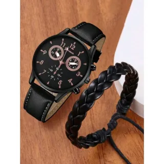 Relógio Masculino Analógico com Pulseira de Couro - Numerais Romanos - Pulseira preta & fundo branco