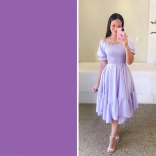 Vestido princesa moda evangélica blogueira com lastex e manga bufante - Lilás Escuro