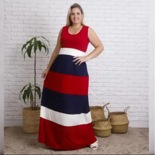 Faixas Regata Longo Náutico Vestido com - Vermelho c Azul Marinho