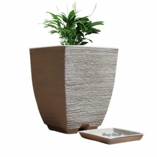Vaso Decorativo Quadrado Bojo para Planta Resistente em Polietileno 29X22 com Prato - Cinza