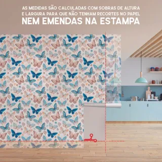 Papel de Parede Adesivo Lavável Borboletas Azul Rosa - Sala 0.5m - Único