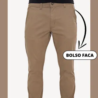 Calça Bege Sarja Masculina com Elastano - Bolso Tradicional - 38(P)