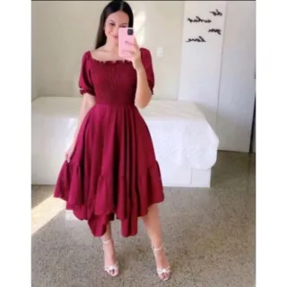 Vestido princesa moda evangélica blogueira com lastex e manga bufante - Lilás Escuro