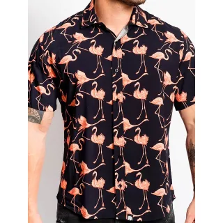 Camiseta Estampada Flamingos Preta em Viscose - GG