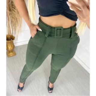 Cinto forrado de malha crepe com cintura alta e qualidade - Calça feminina skinny - Preto