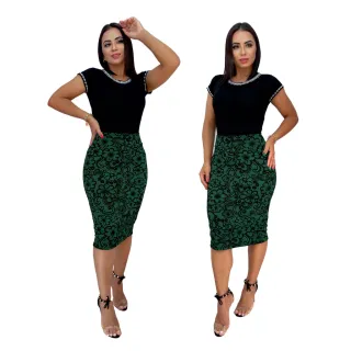 Saia Lápis Cintura Alta com Desenhos 3D - Moda Evangélica - Rose