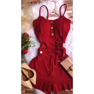 Bojo malha crepe saia feminino macaquinho com short - Vermelho