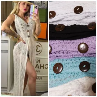 Canga Tricot Botão Sem Manga Saída de Praia - Branco