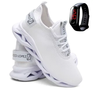 Relógio + Tênis Masculino Leve e Macio para Corrida e Academia - Branco