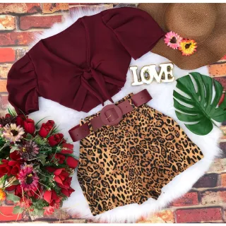 Top com Manga e Conjunto Feminino Short Saia - Bordô