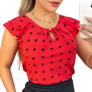 Coração Estampa Social Feminina Blusinha Crepe - Branco