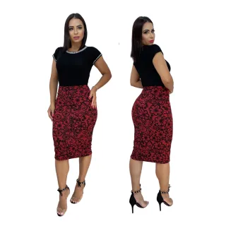 Saia Lápis Cintura Alta com Desenhos 3D - Moda Evangélica - Rose